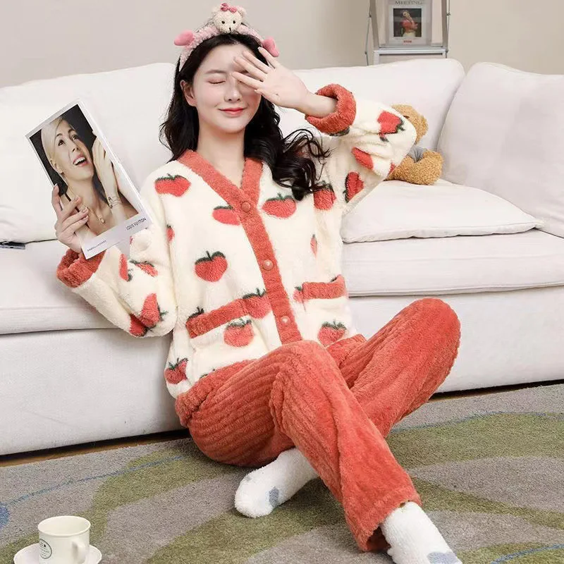 2Pcs/set women\'s coral velvet pajamas small fragrant wind autumn and winter padded and thickened warm peach-coloured student hom