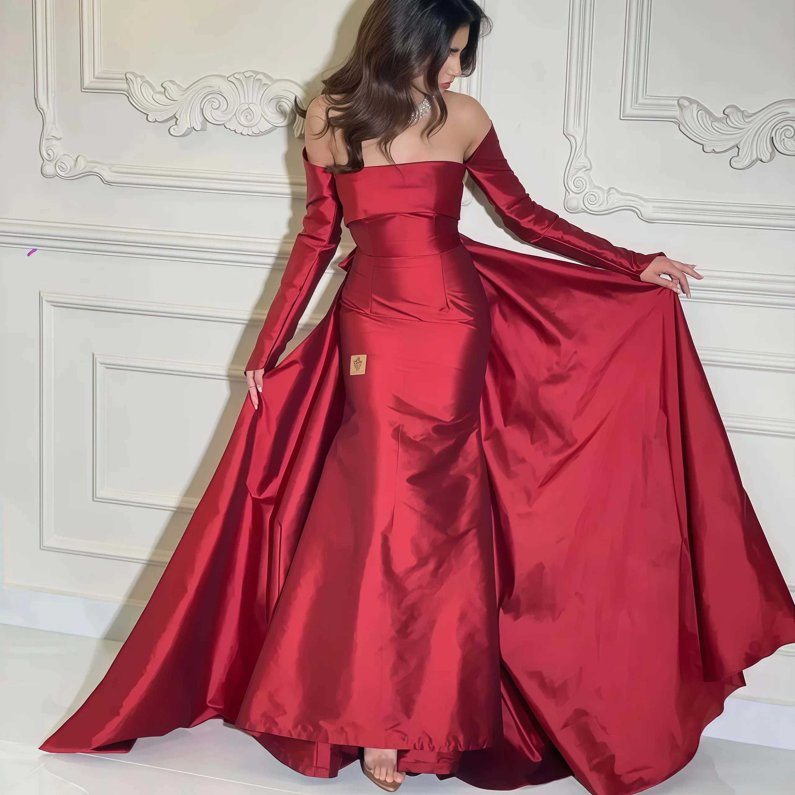 

Gorgeous Red Prom Dress Taffeta Long Sleeve Strapless Mermaid Bow Mop Formal Occasion Celebrity Party Evening Dress