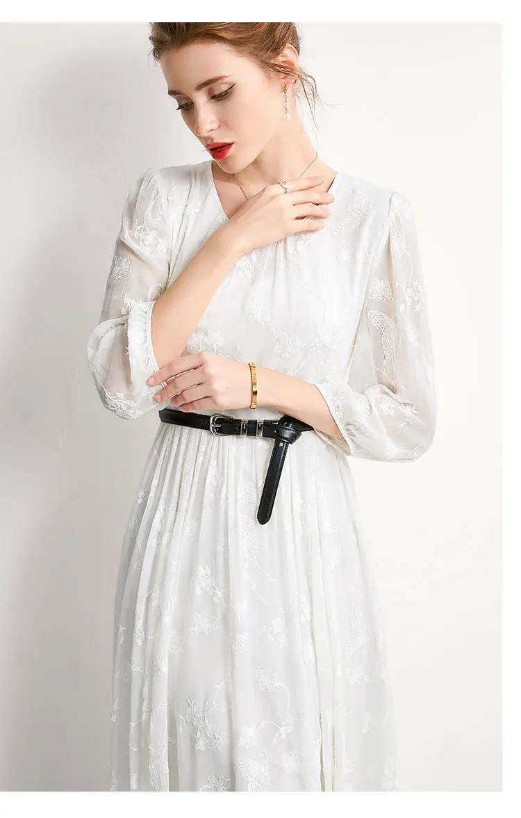 100% Natural Silk Women's Dresses O Neck 3/4 Sleeves Dobby Elegant Fashion Designer Vestidos