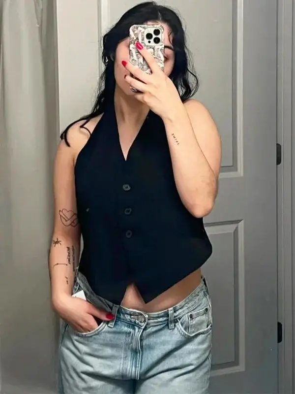 V-Ne Hanging Ne Bule Svel Top Street Sle Slim Fit قطعة واحدة إنتاج صيني طول منتظم لون نقي