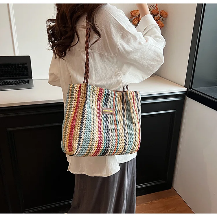 

Женские сумки, популярная летняя соломенная сумка для отдыха на море, большая вместительная сумка через плечо, радужная тканая сумка