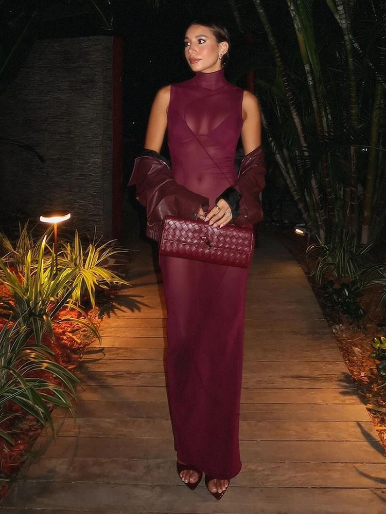 Urocze, przezroczyste sukienki damskie z siateczki, atrakcyjne, bez rękawów, ze stójką, obcisłe, długie sukienki, jednolite, seksowne, kokieteryjne, klubowe.