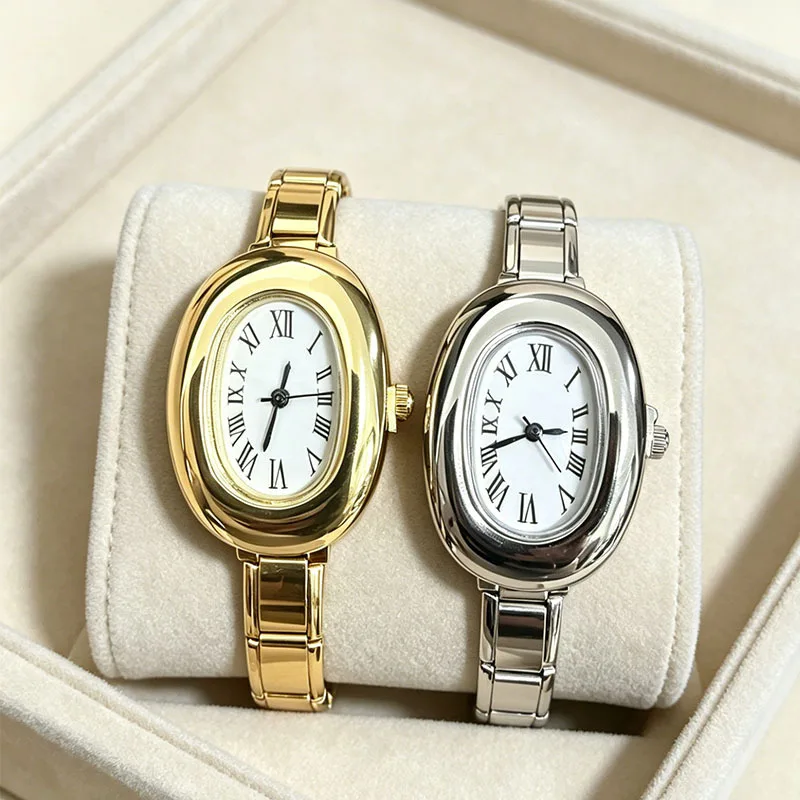 Ins Retro Oval Dial Module Watch Glossy Stainless Steel Band Simple Vertical Roman Scale Elegant Casual Quartz Wrist Watch