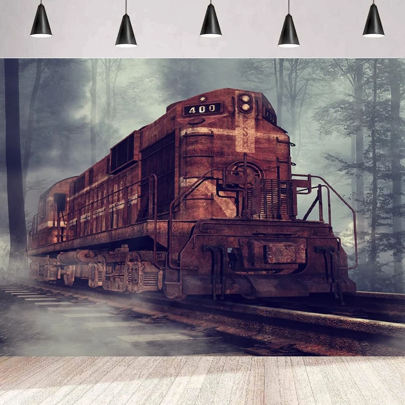 

Vintage Steam Train Photography Backdrop Old Rusty Locomotive Train Railroad Tracks In Foggy Forest Background Wall Poster