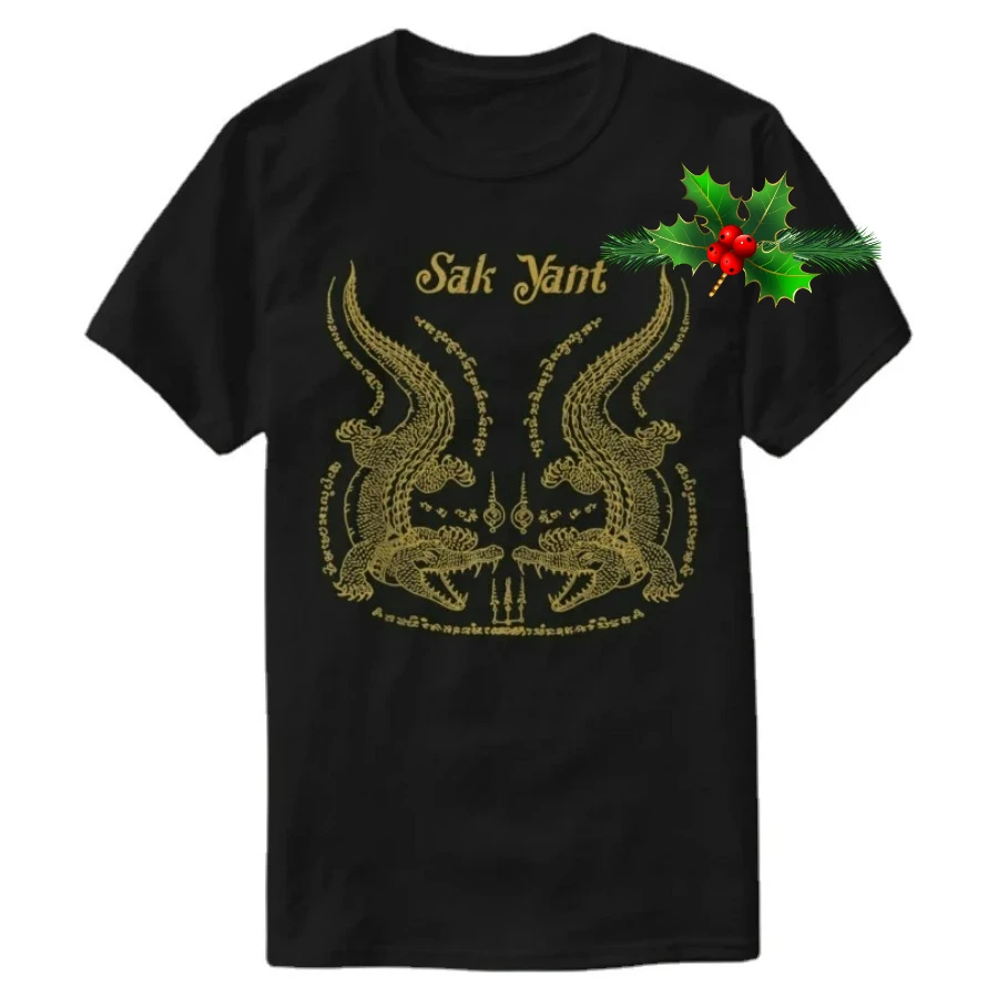 Sawadee Thai Traditional Sak Yant Muay Thai Twin Crocodiles T-Shirt 100% Cotton O-Neck Summer Short Sleeve Casual Mens T-shirt