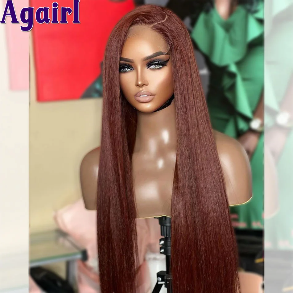 Reddish Brown Kinky Straight Human Hair Wigs PrePlucked Transparent 13x6 Lace Frontal Wig Peruvian 13X4 Ready Go Lace Front Wig