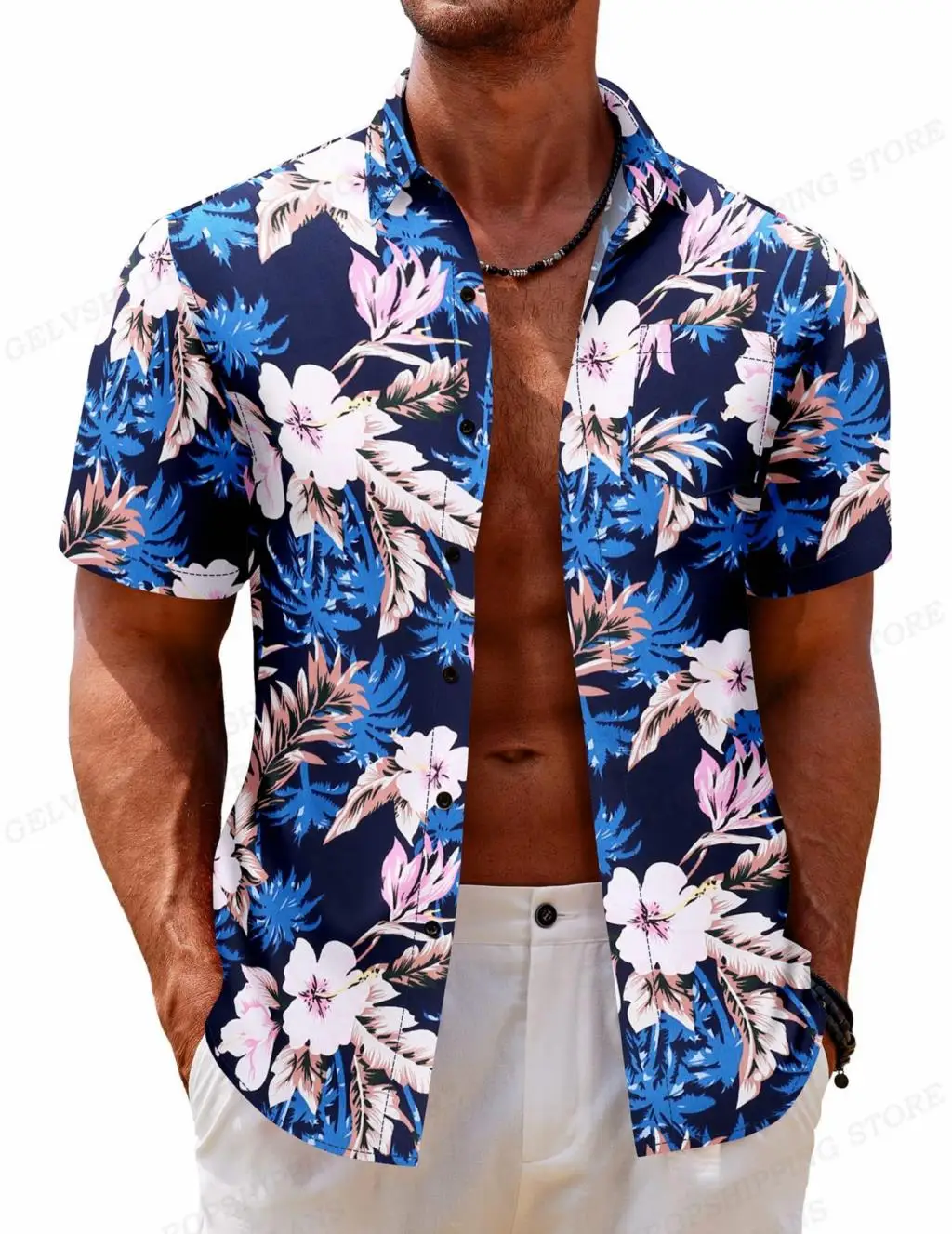 Planta tropical masculina flores camisa havaiana, blusas vocacional masculina, lapela floral, roupa de Cuba, único peito