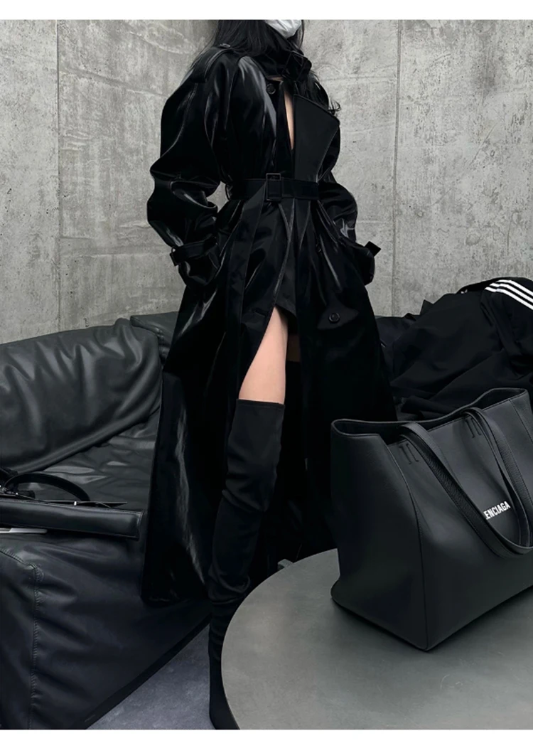 Lautaro Spring Autumn Extra Long Oversized Cool Reflective Shiny Black Patent Leather Trench Coat for Women Belt Runway Fashion
