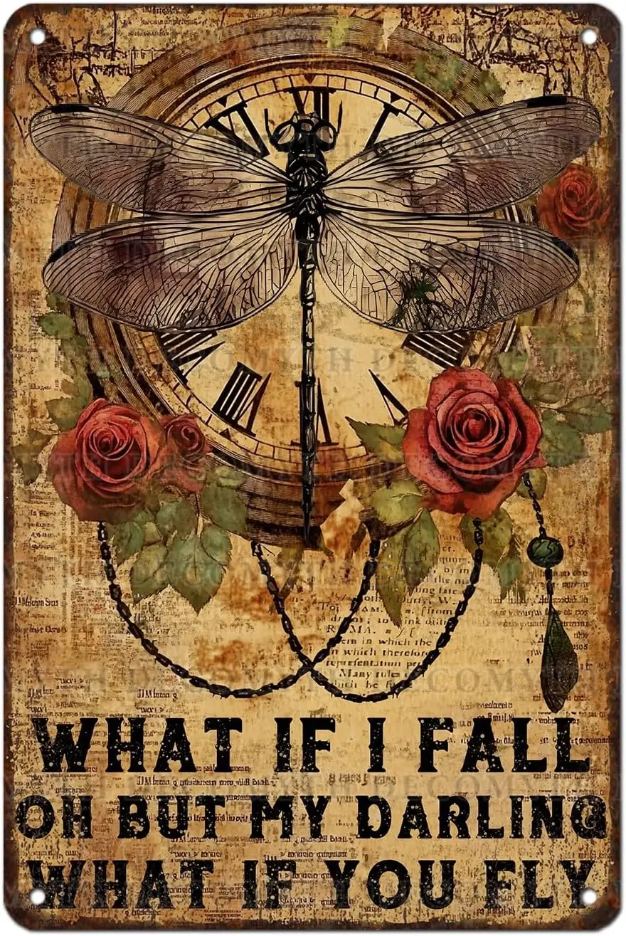 Dragonfly Decor Hippie Decor Vintage What If You Fly Tin Art Retro Wall Decor for Home Bedroom Living Room 12 * 8--Tin Sign