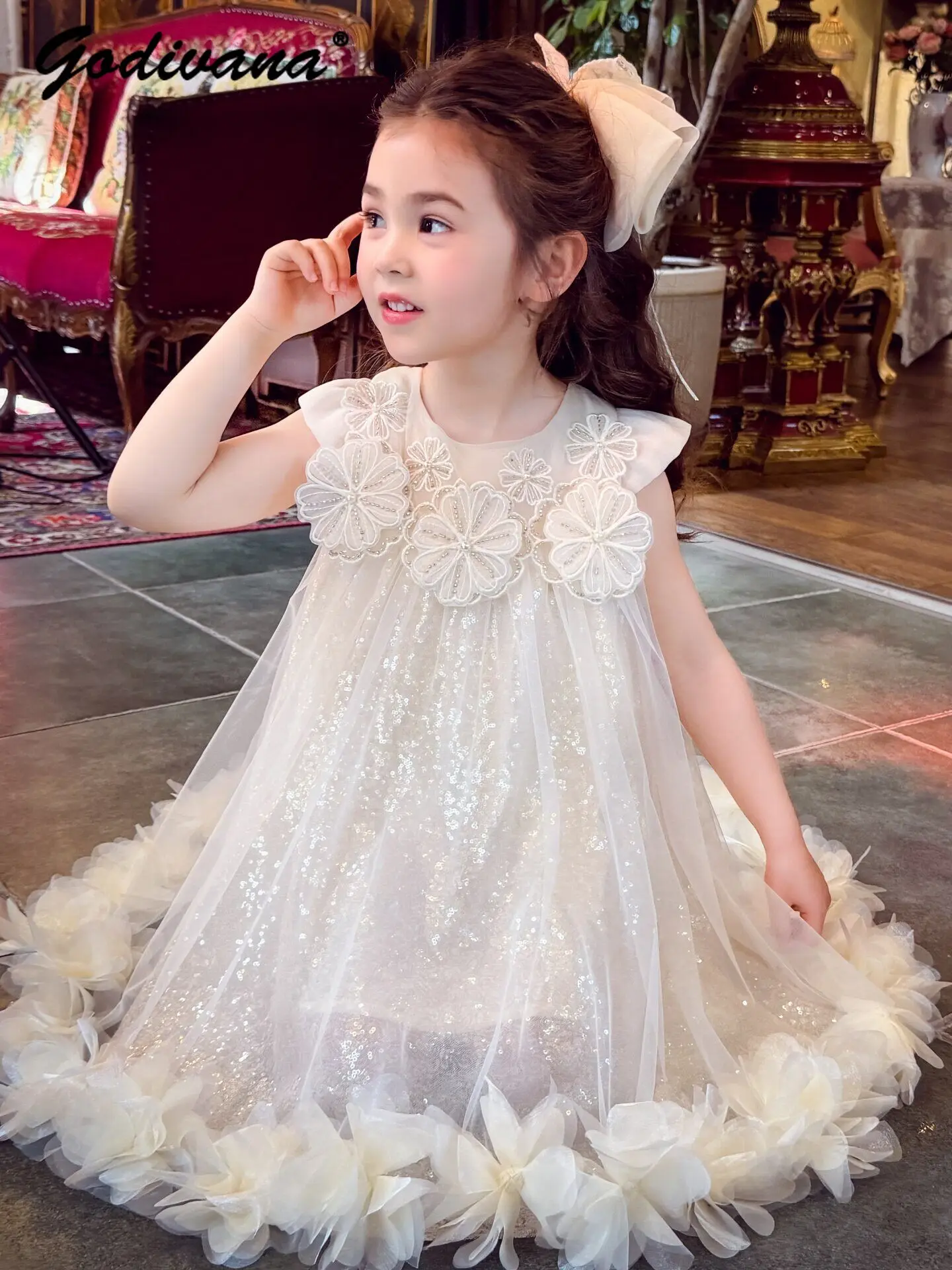 Girls Sweet Heavy 3d Floral Mesh Princess Casual Dress 2026 Summer New Kids O-neck Loose Sleeveless Sequin Birthday Party Dress