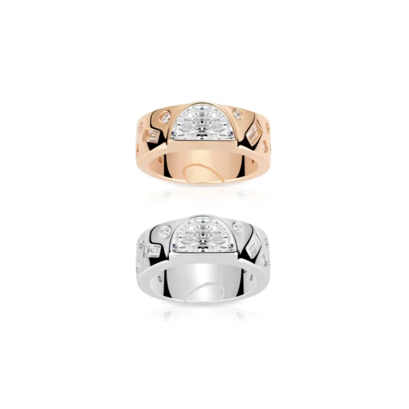 BELLUX 925 Silver Gold Plated Rings Half Moon Cut Cubic Zirconia Geometric Two Tone Bold Chunky Design Fashion Couple Ring