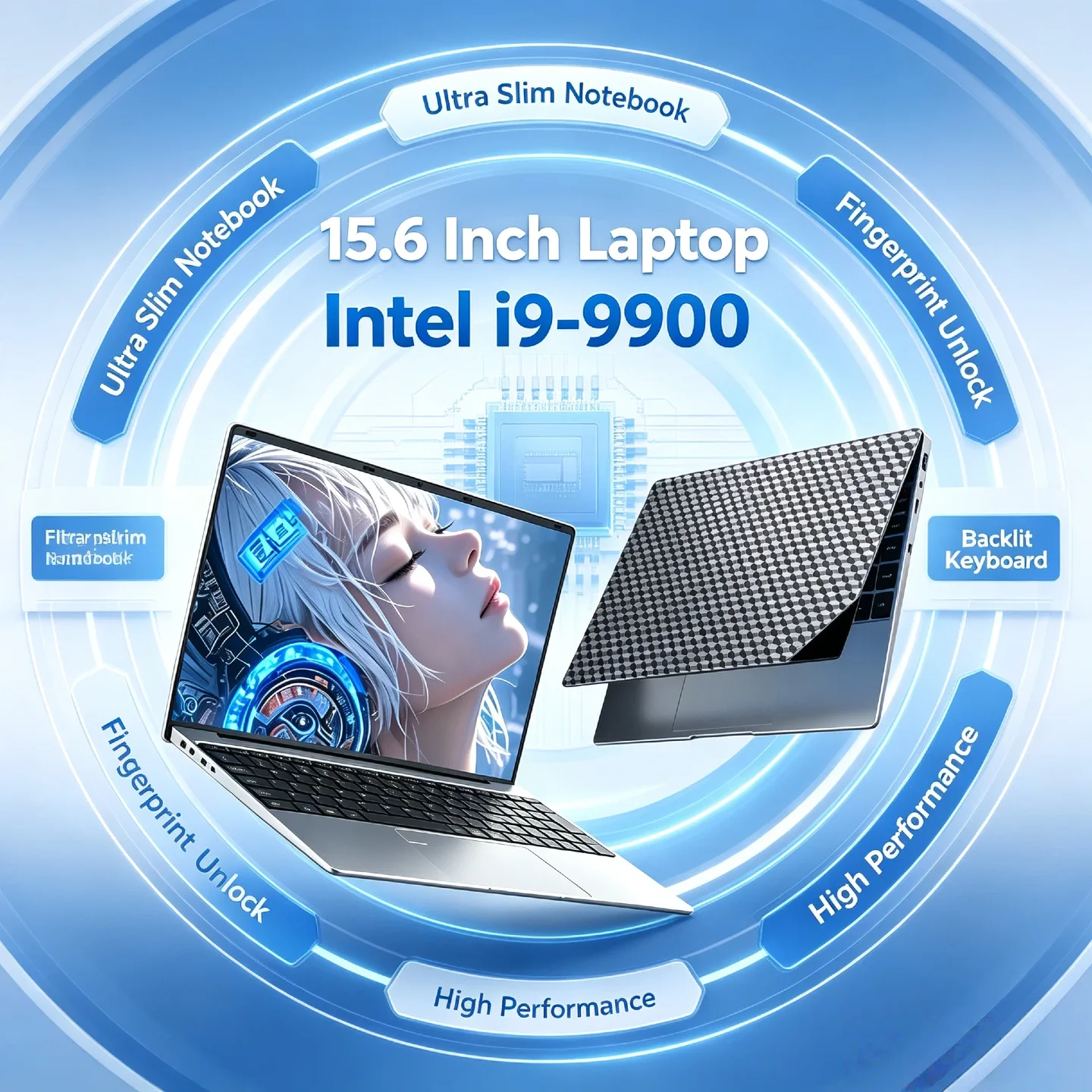 Intel i9‑9900 8 Cores 16 Threads 5.0GHz Turbo 15.6 Inch Ultra Slim Laptop Fingerprint Unlock Backlit Keyboard High Performance