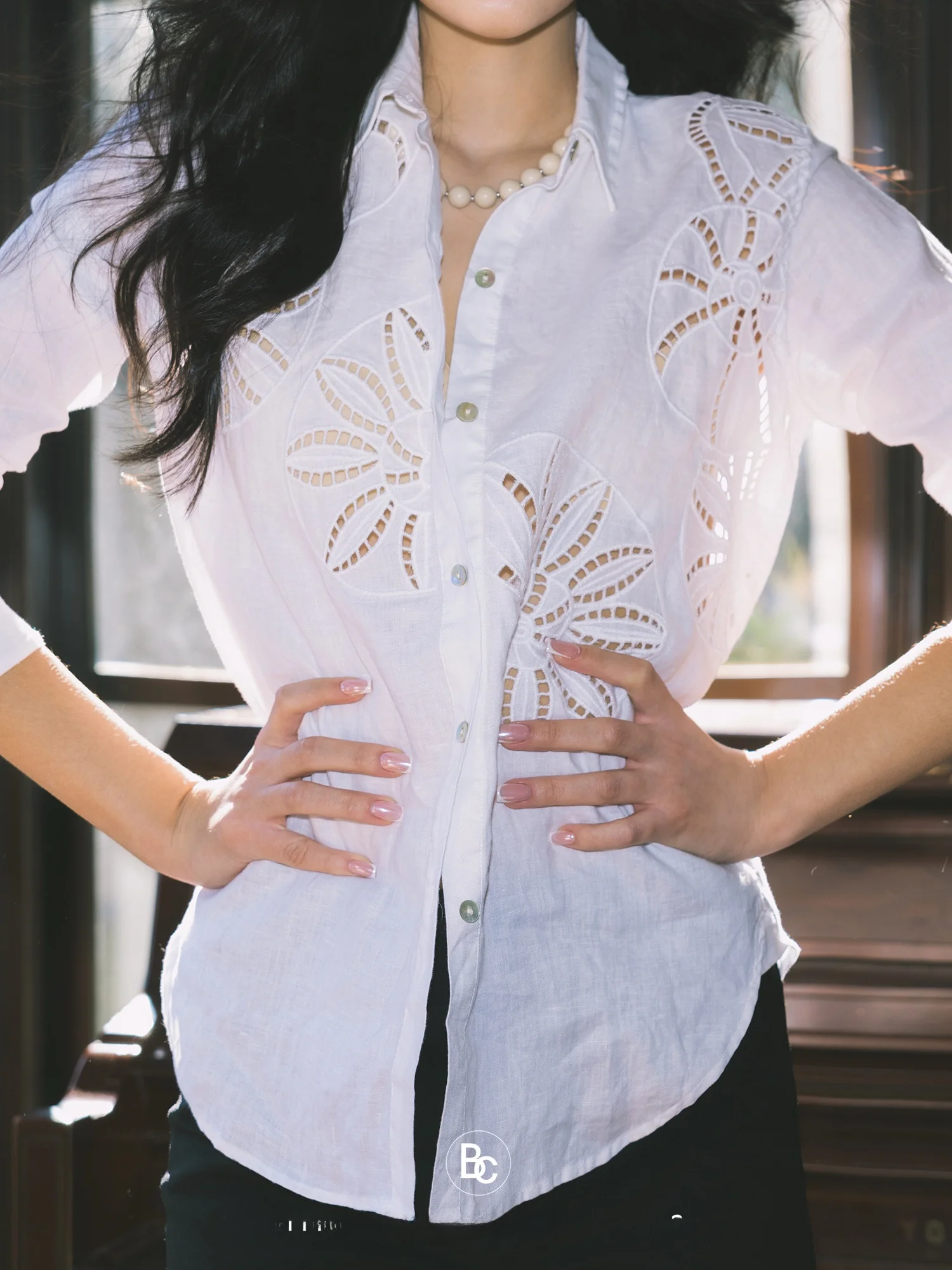 

Bettychow Slim Fit Linen Shirt Hollow Design Thin Long Sleeve Early Spring Commute Vacation Sun Protection Top Women's Fashion