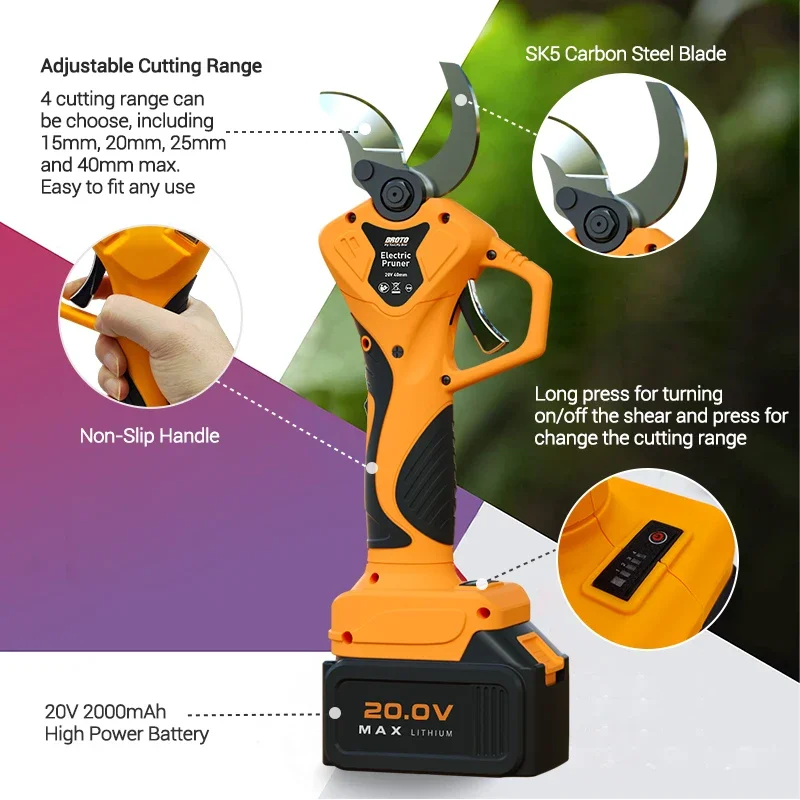 40mm Brushless Cordless 20V Power Branch Profesional Pruner Shear Electric Pruning Shear Battery Lithium