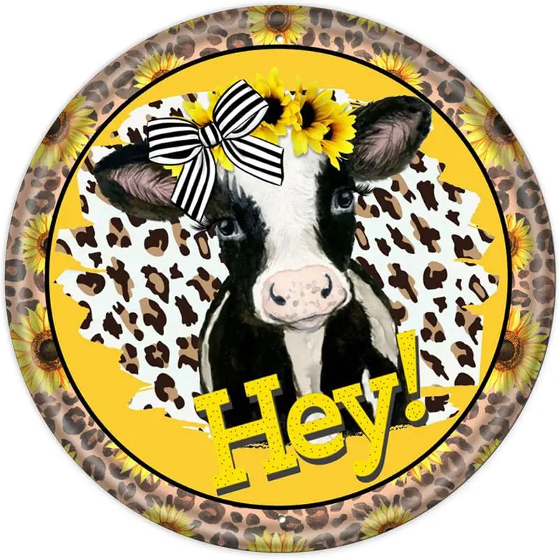 

Round Vintage Tin Sign Hey Cow Sign Cow Sign Farmhouse Sign Porch Sign Leopard Wall Sign Retro Metal Plaque Sign Gift For Porch