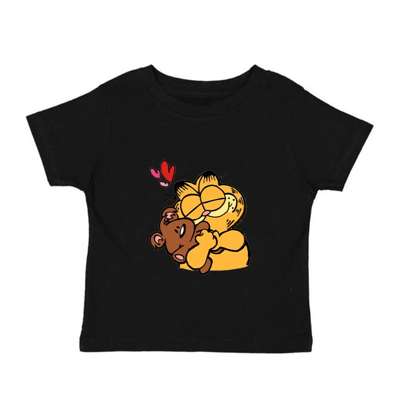 Miniso Anime Kawaii Garfield Cat Pendant Cartoon Print Casual Summer Top Y2K Short Style Short Sleeve 0-neck Clothes