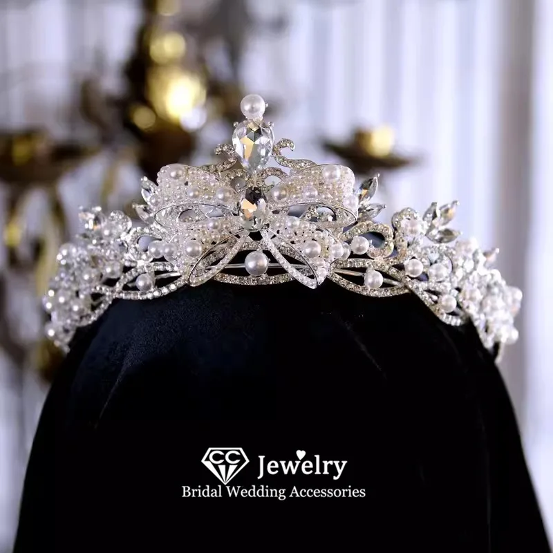 CC Romantic Tiaras Women Hair Accessories Wedding Hairwear Bridal Headpiece Engagement Headdress Bow-Knot Shape Diadems FO50