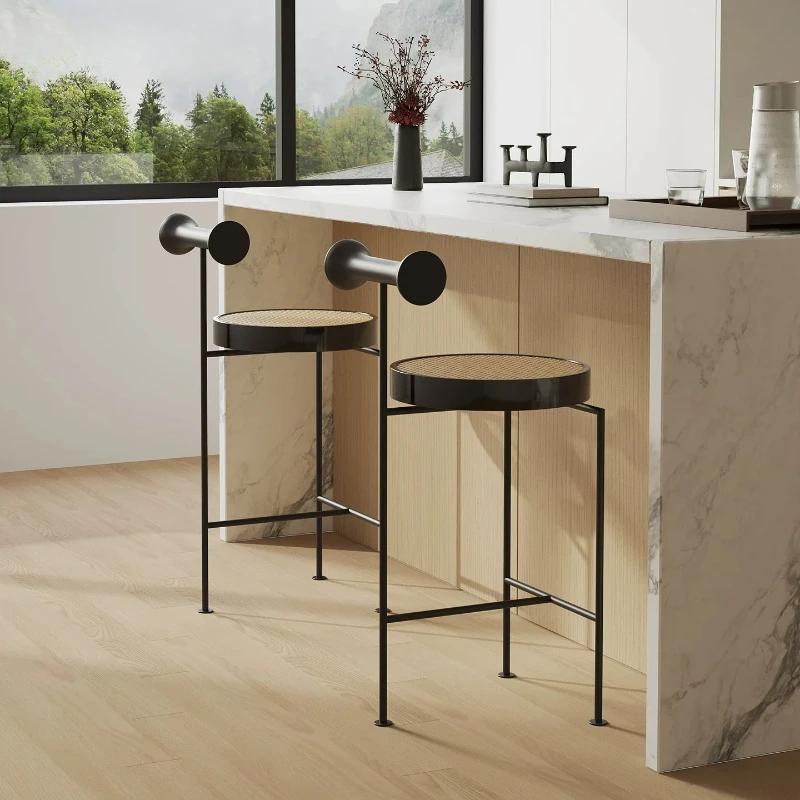 

Modern Minimalist Solid Wood Bar Stool Rattan Woven Metal Counter Seat Nordic High Foot Dining Chair for Cafe Reception Chairs