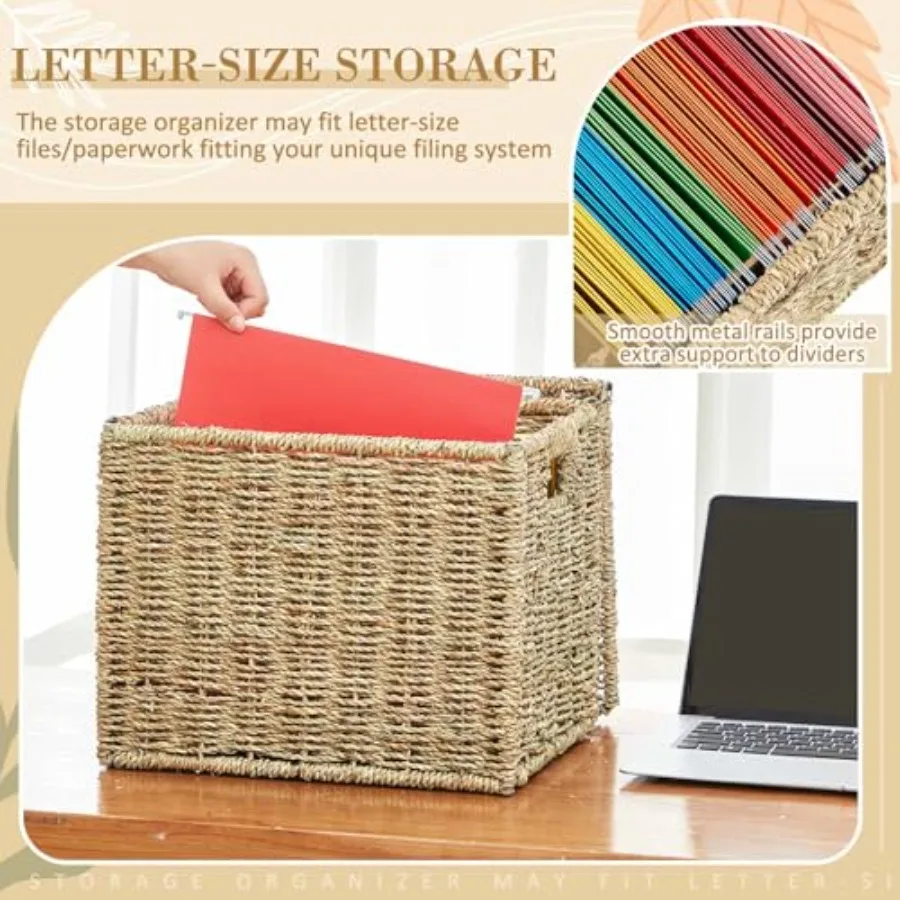Seagrass File Storage Box Organizers Decorative File Baskets for Hanging Folders Portable Collapsible Letter Size Document Fili
