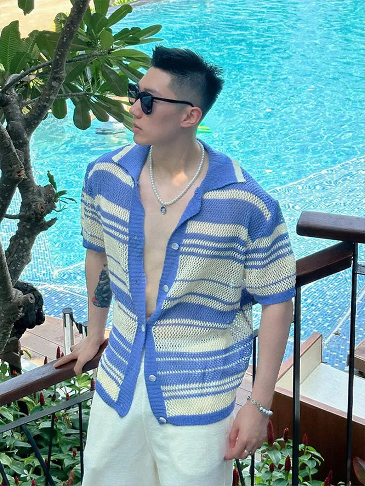 

Полосатый полый трикотажный светильник irt ort Sve Loose American Retro Casual Holiday Sle f Sve irt для молодежи и лета