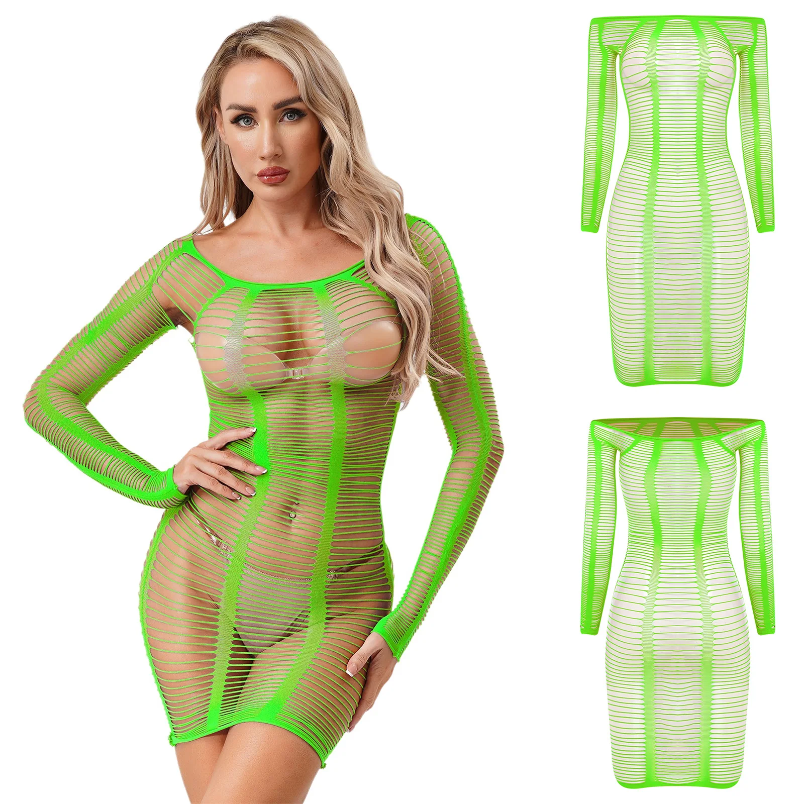 

Women Fishnet Bikini Cover Micro Dress See Through Stretchy Off Shoulder Bodycon Nightdress for Lingerie Dating Night Bedtime
