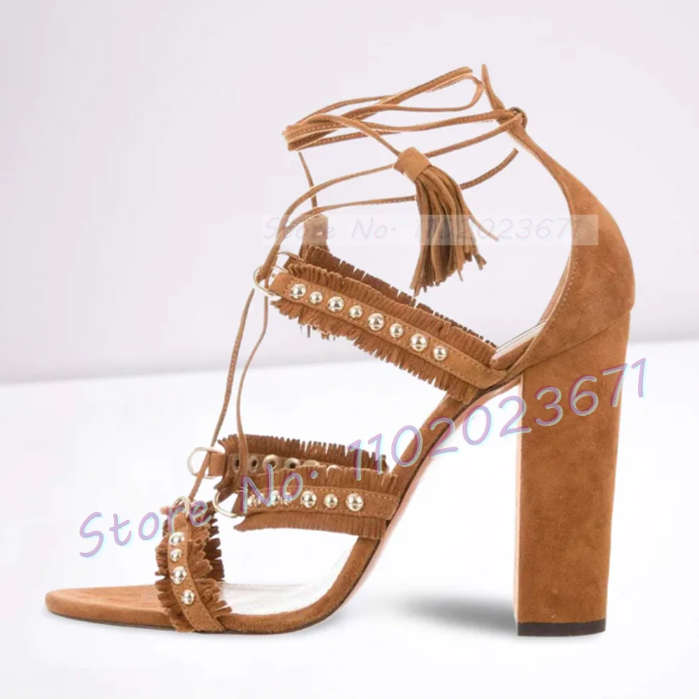 Camel Brown Suede Fringe Sandals Women Summer Block Heels Metal Rivets Sandals Female Retro Lace-up Party Causal Open Toe Shoes