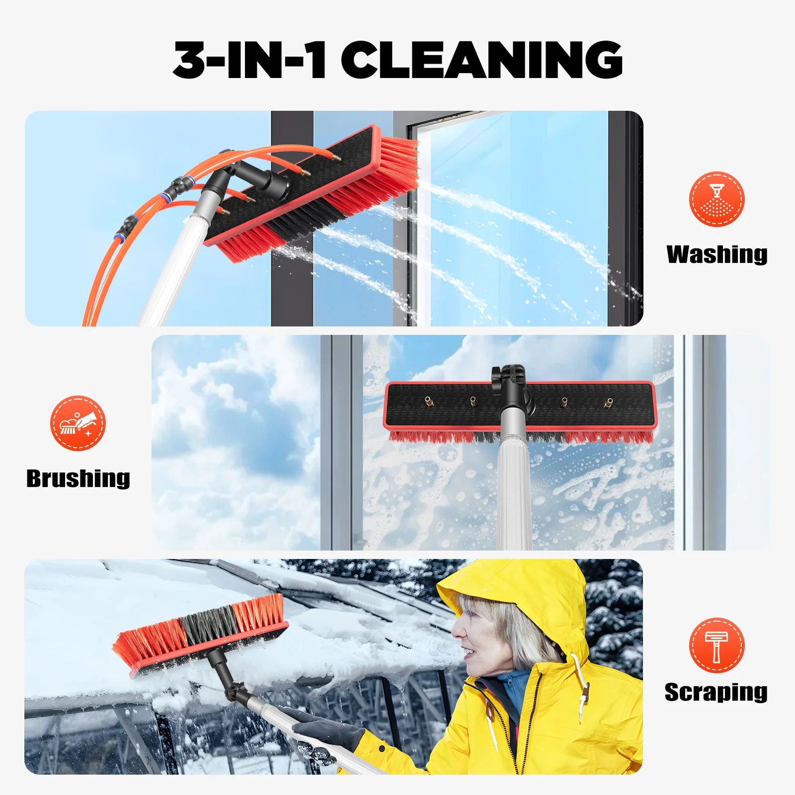 24.3FT Water Fed Pole Cleaning Kit 3-in-1 Cleaning Adjustable Cleaning Brush Tool Kit For High Windows Outdoor Indoor Washing