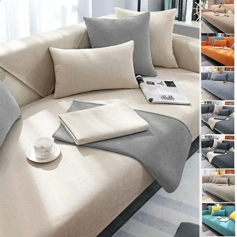 

Minimalist Thickened Chenille Sofa Mat L-Shape Slipcover Solid Color Four Season Chaise Longue Couch Cushion for LivingRoom Home