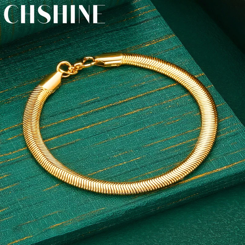 925 Sterling Silver 18K Gold  6MM Flat Snake Chain Bracelet Elegant Fashion Jewelry for Women Wedding Party Gift