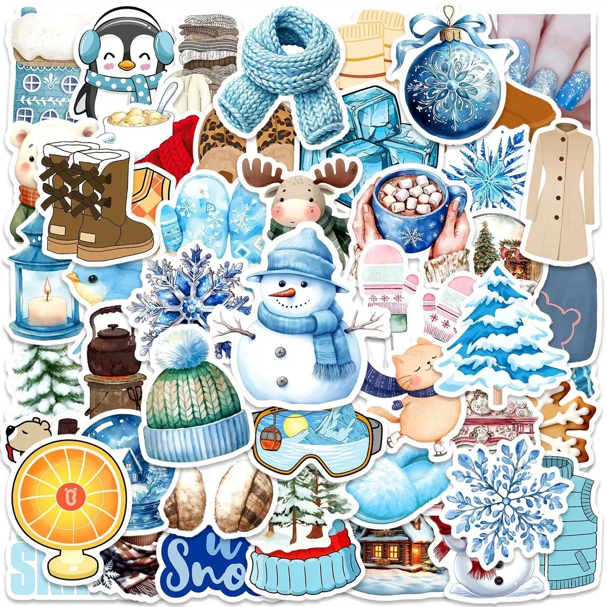 

10/50pcs Nordic Style Blue Winter Landscape Stickers Cartoon Ins Decals Suitcase Phone Fridge DIY Christmas Decoration Sticker