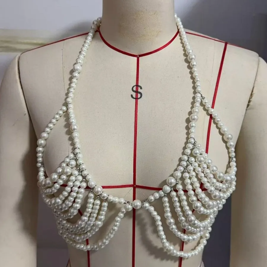 Classic Plastic Pearls Woven Bra Chain Bikini Crop Tops Multi-layer Halter Backless Vest Tank Sexy Women Beach Party Body Chains