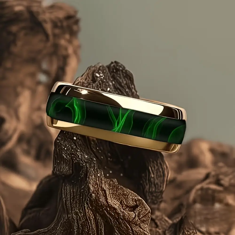 Men's Stainless Steel Ring, Bright Edge Inlaid Green Streak Black Band, Scratch Resistant Comfort Fit Wide Ring Jewelry