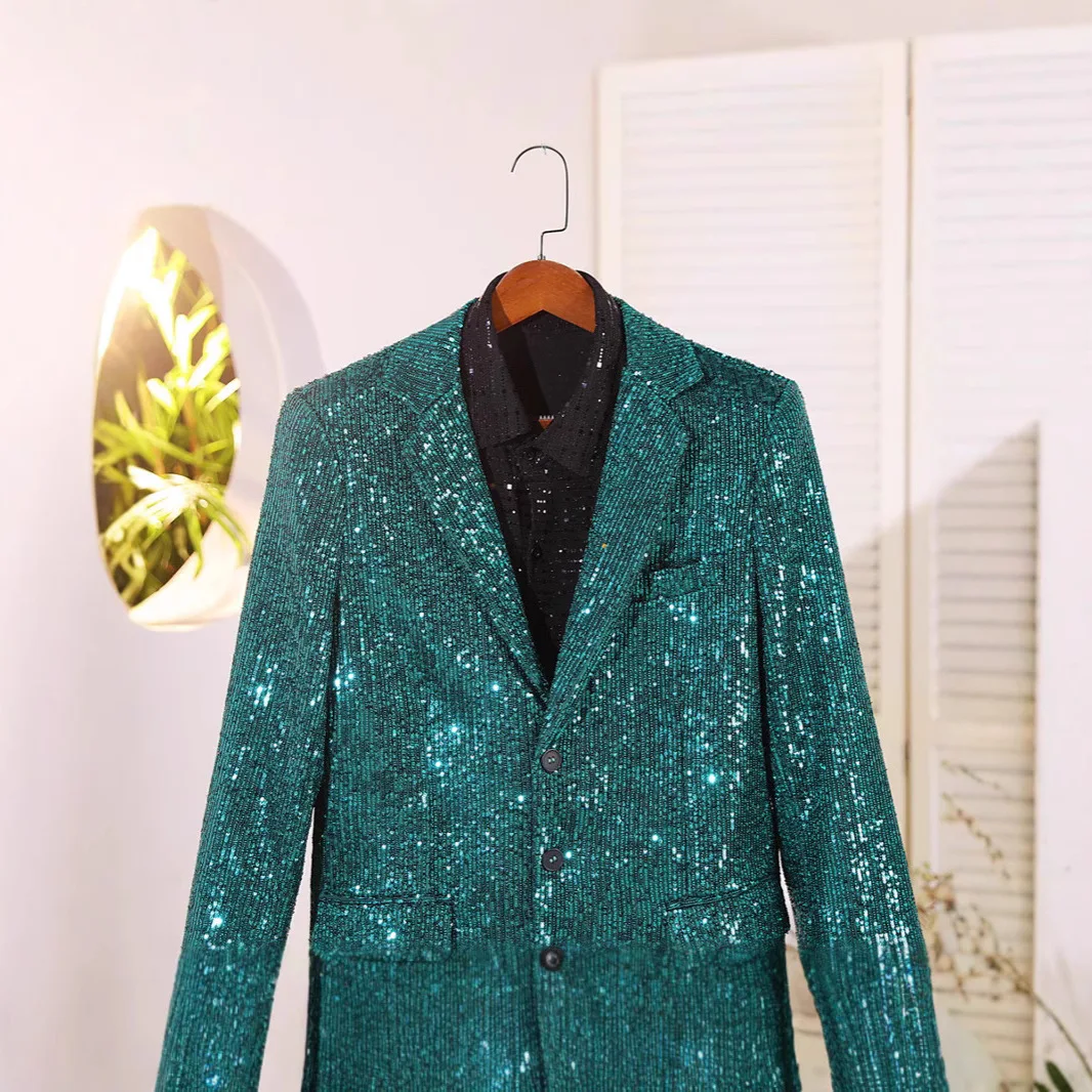 HOO 2025 men, green sequined blazer  banquet, host stage performance studio photo   blazer