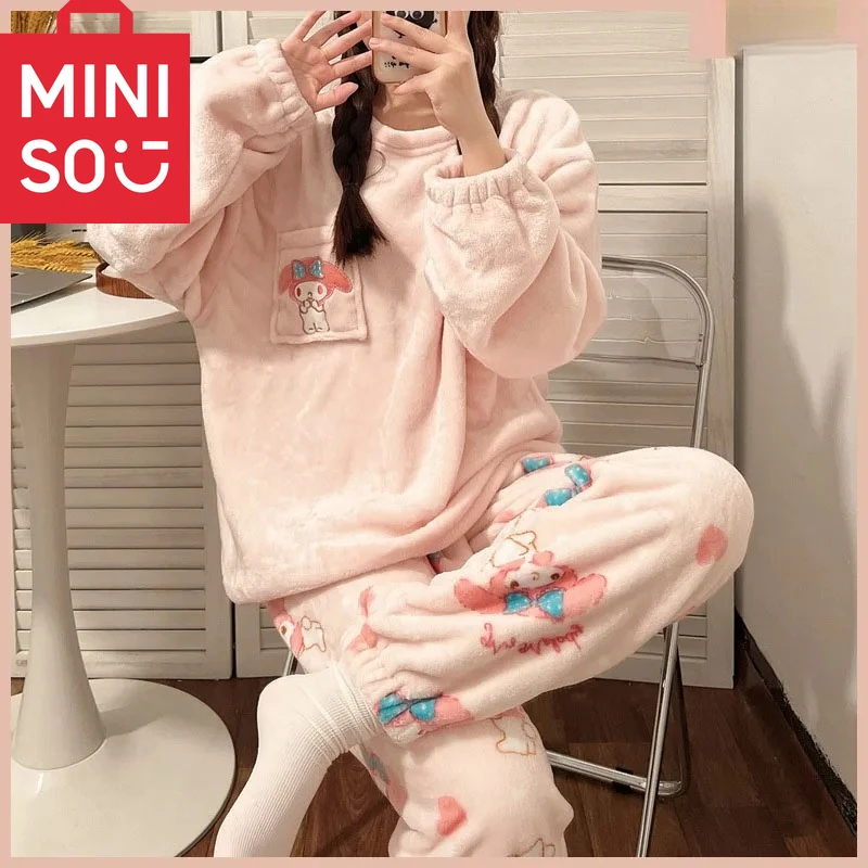 

MINISO Anime Hello Kitty Pajamas Kawaii My Melody Flannel Pullover Coral Velvet Winter Warm Pajamas Suit Homewear Girl Gifts