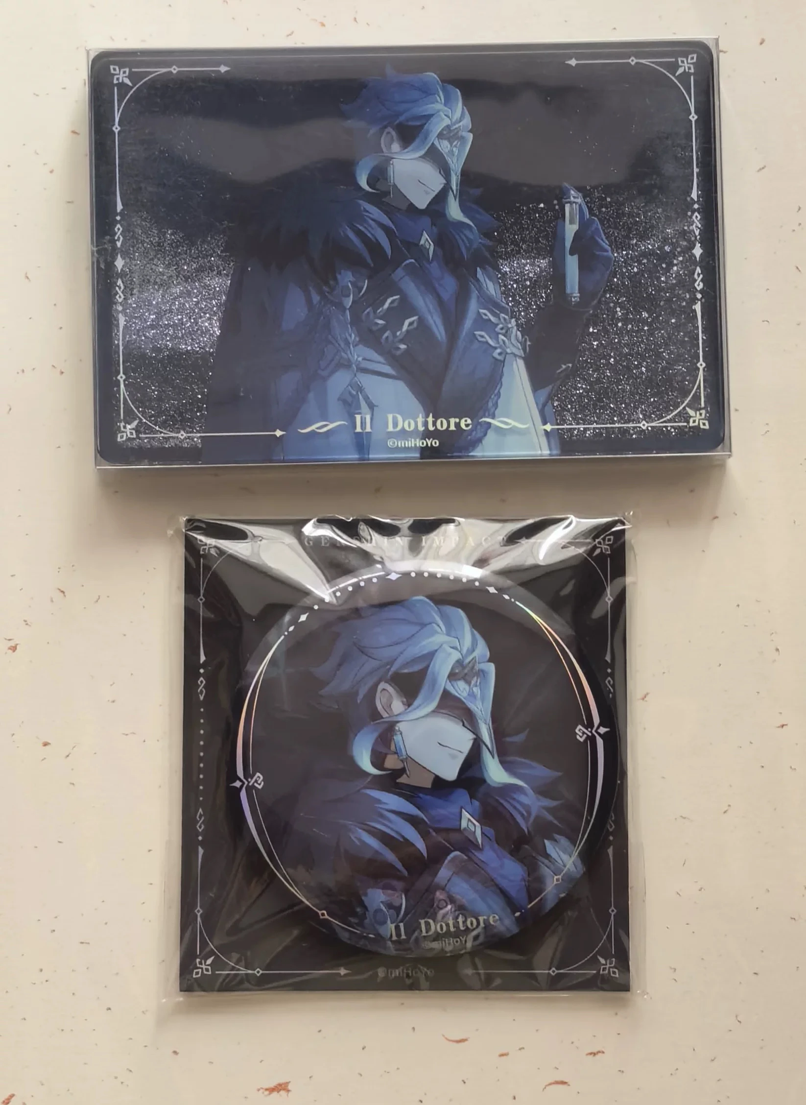 2025 New Arrival In Stock Genshin Impact Winter Night Fool Play Dottore Badge Quicksand Acrylic Stand Card Instant Camera
