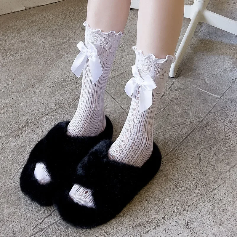 Lolita Girls Stockings Socks Women Princess Bowknot JK Lace Hollow Out Rolled Edge Fashion Mum and Child Fishnet Trouser Socks