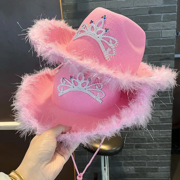 Women\'s Pink West Cowgirl Hat Girls Tiara Feather Felt Western Sequin Cowboy Cap Costume Party Dress Jazz Caps Cosplay Props