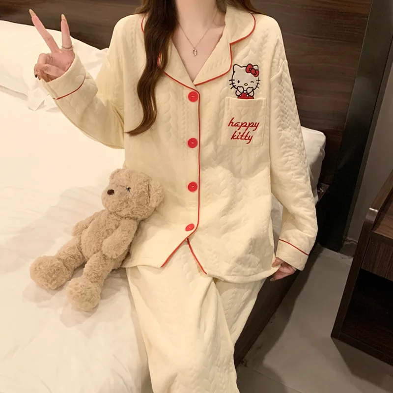 

Sanrio Hello Kitty Cartoon Pajamas Pure Cotton Long-Sleeved Trousers Casual Two-Piece Set Loungewear Girl Pajamas Girl Gifts