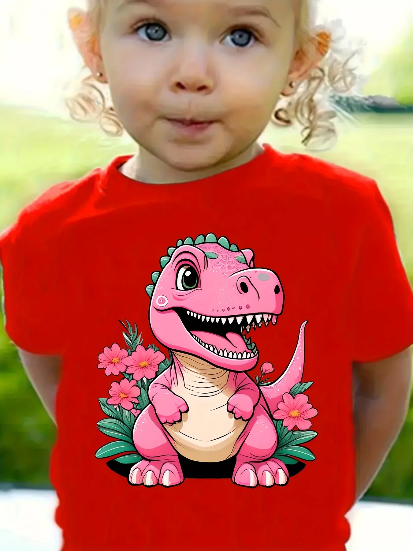Floral Pink Dinosaur Cartoon Print Boys Girls Family Matching Tee Soft Kids Parent Short Sleeve Daily Casual Comfort T Shirt