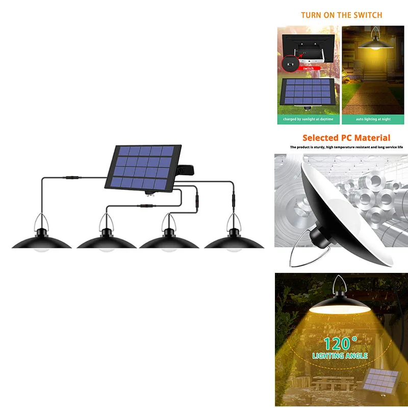 

Солнечная подвеска с 4 головками, водонепроницаемый наружный светильник с кабелем, питание от солнечного света, лампа с абажуром для сада