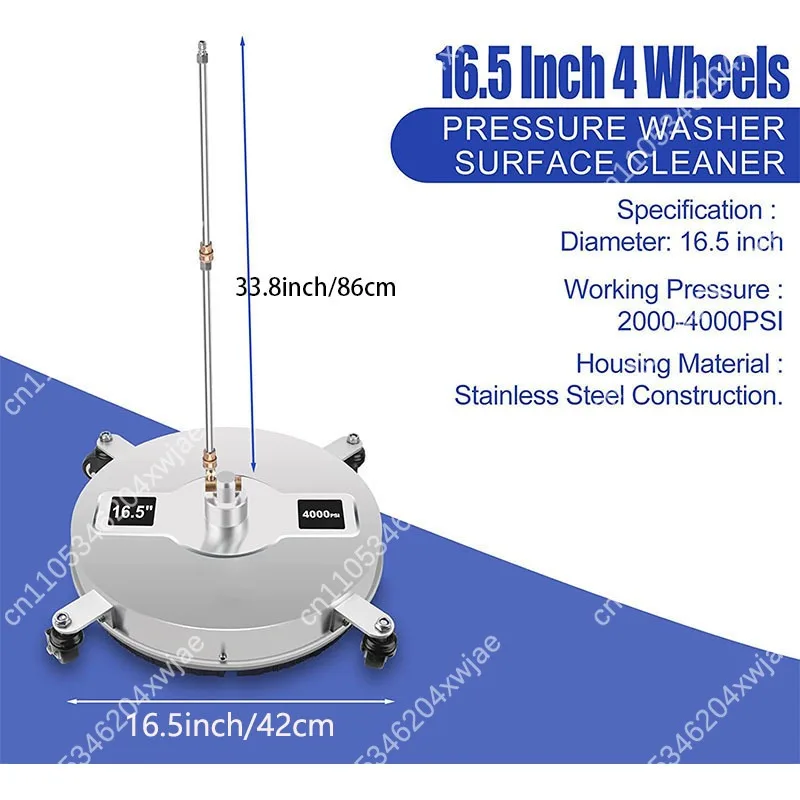 16.5 Inch Stainless Steel Pressure Washer Surface Cleaner,4000PSI with 4 Wheels & Dual Rotating Jets for Driveway Patio Concrete