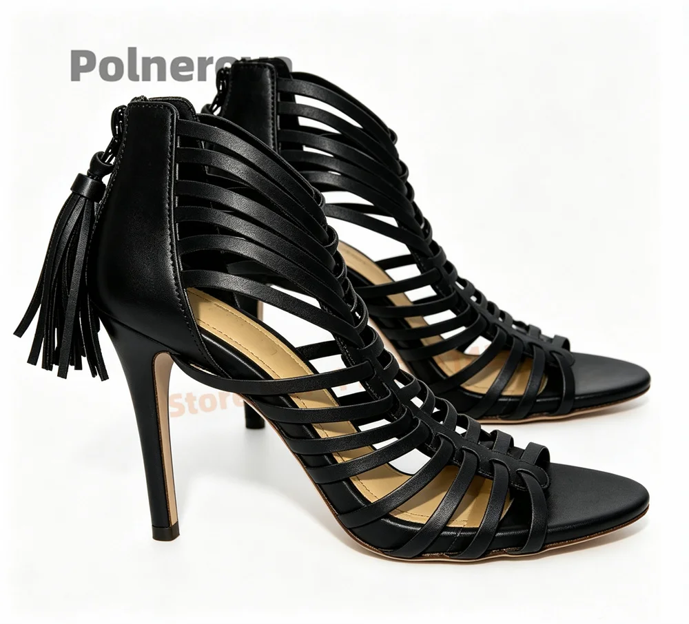 Cutout Roman High Heel Tassel Sandals for Women Round Toe Narrow Band Back Zipper Stiletto Ladies Party Dress Summer Shoes