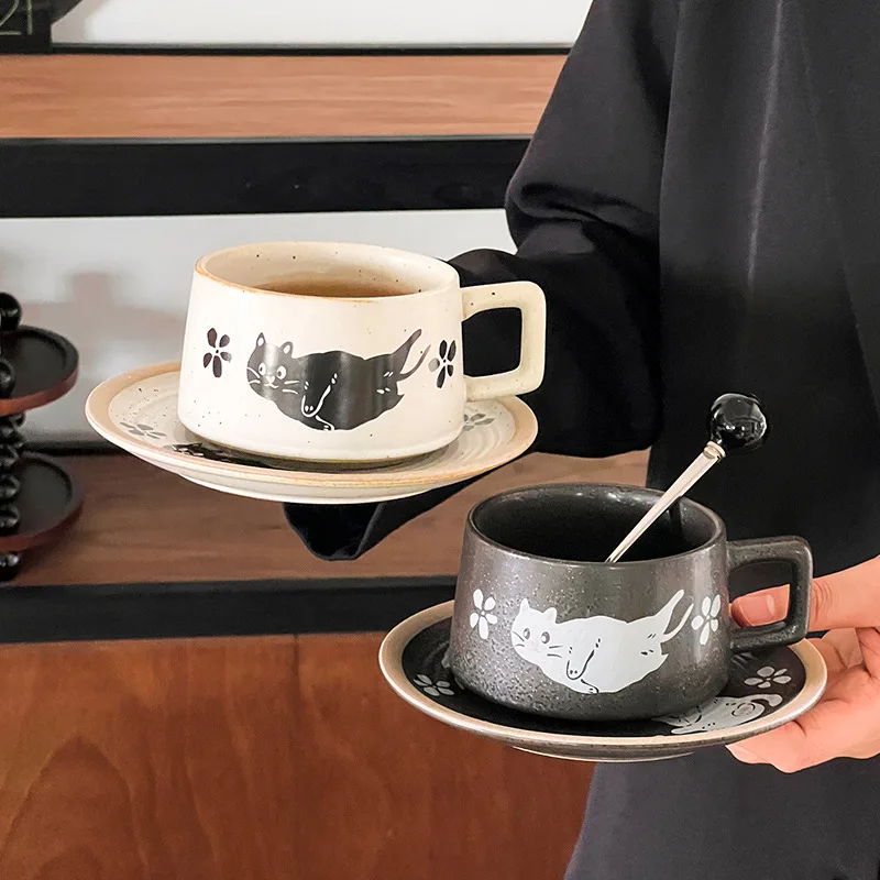 

Cute Cat Ceramic Coffee Mug Plate Creative Coarse Pottery Breakfast Milk Mug Exquisite Afternoon Tea Flower Tea Cup Wedding Gift