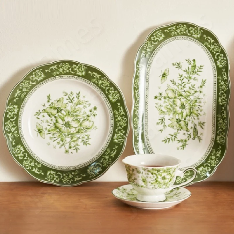 Retro Style Ceramic Plates Dinner Plate Creative Dishes Dark Green Relief Tableware Steak Dishes Nordic Style Household Use