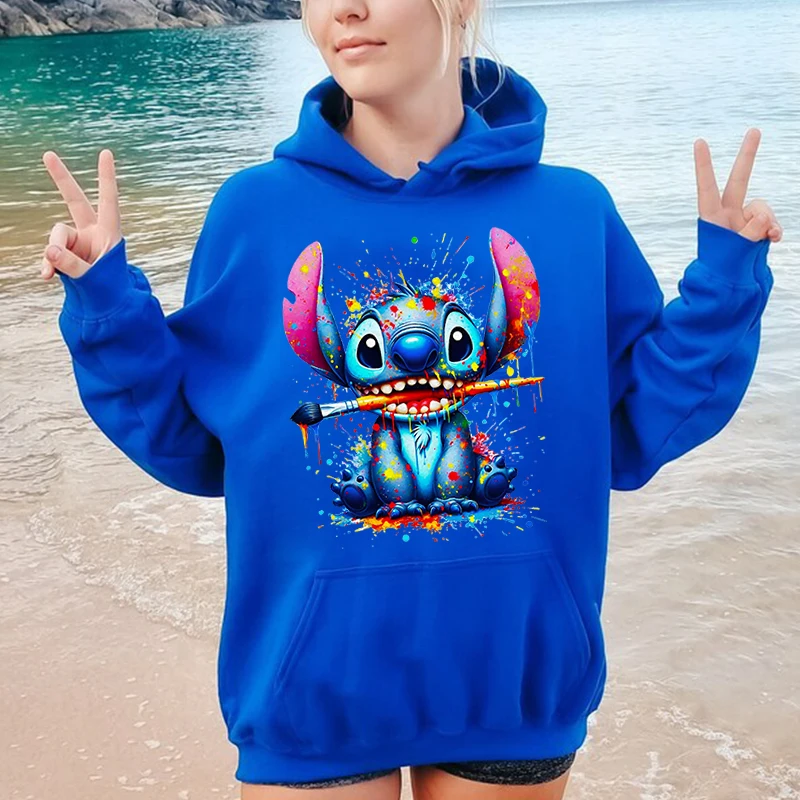 Disney spray paint stitch printed women's hoodie autumn and winter casual sweater loose top personality women's clothing