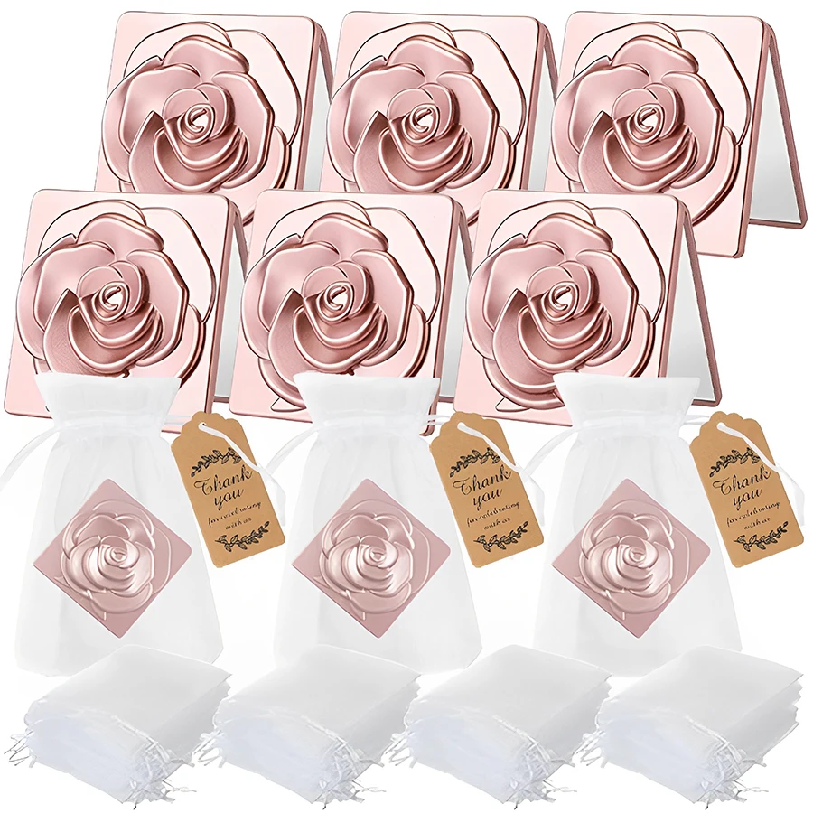 Espejo Cuadrado de 7cm con Diseño de Rosa y Bolsa de Almacenamiento, Bolso de Mano para Dama, Espejo Plegable Portátil, Accesorios de Maquillaje, Regalo Pequeño para Fiestas