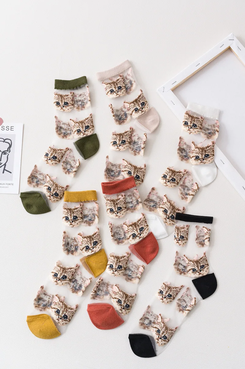 Frauen Transparent Nette Katze Socken Kawaii Damen Japanische Mode Koreanische Trendy Sommer Dünne Kristall Seide Socke Glasfaser Strumpf – Detail 24