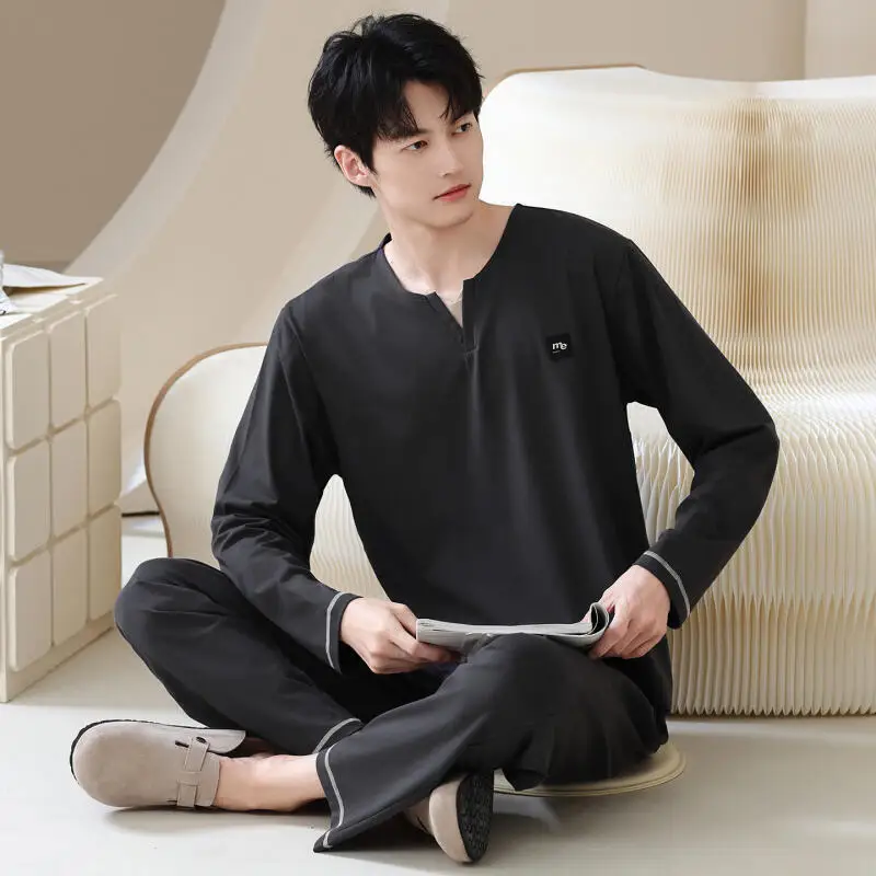 summer-new-cotton-man-lounge-pajamas-2-pcs-v-neck-shirt-long-pant-nightwear-plus-size-3xl-loose-home-wear-thin-sleepwear