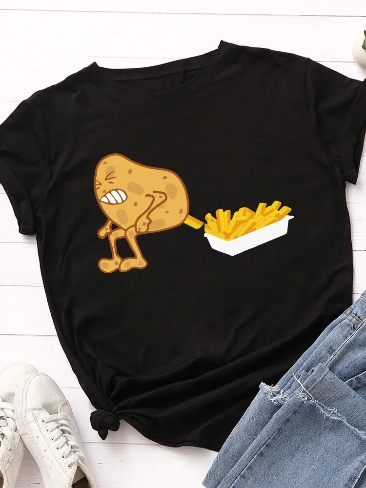 Funny Potato Fries Print Women T Shirt Short Sleeve O Neck Loose Women Tshirt Ladies Tee Shirt Tops Clothes Camisetas Mujer Y2K