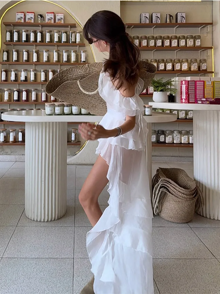 Vestido Irregular con volantes y hombros descubiertos para mujer, vestidos elegantes ajustados lisos con espalda descubierta y cordones, batas de playa elegantes a la moda de verano 2025